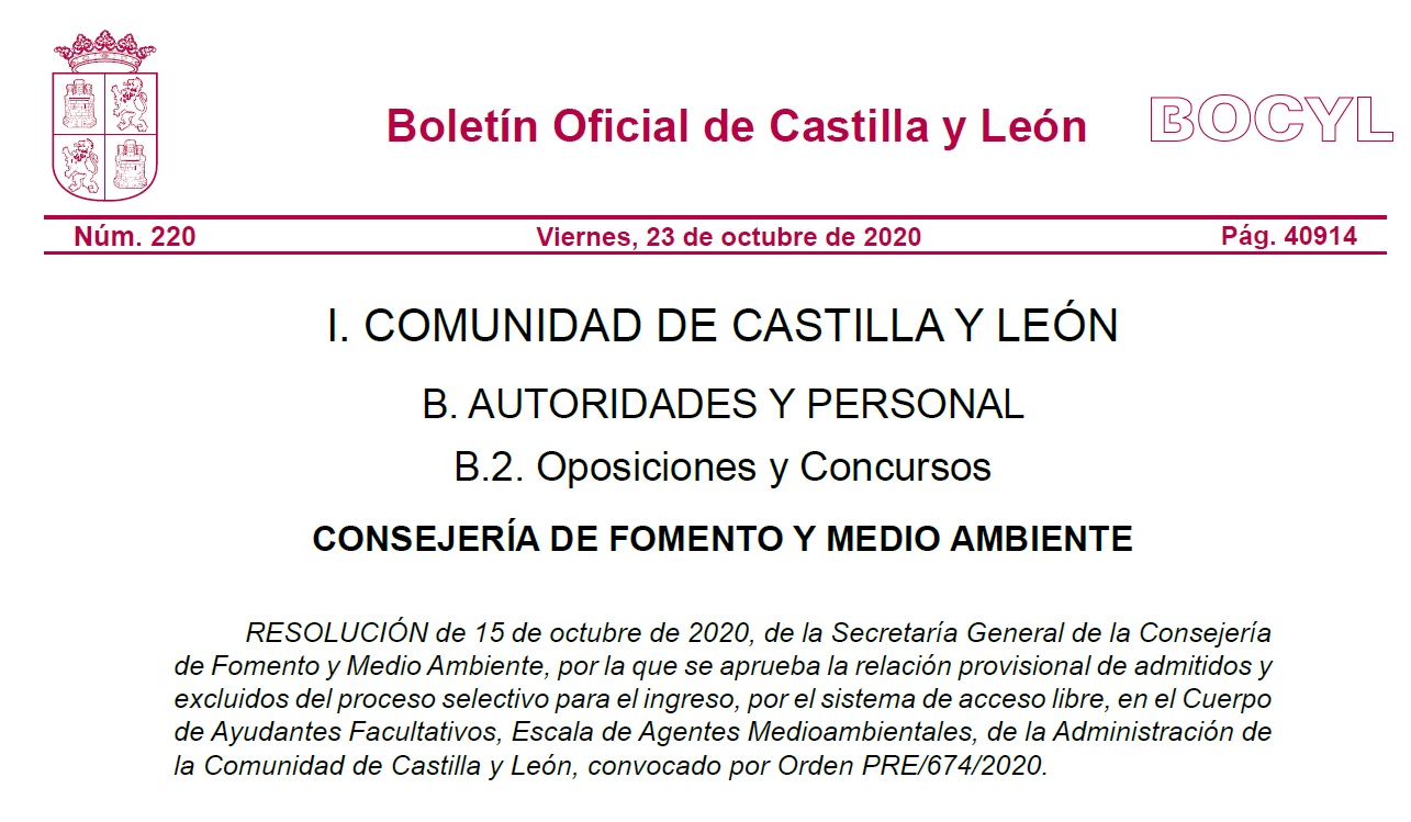PUBLICADO EL LISTADO PROVISIONAL DE ADMITIDOS Y EXCLUIDOS DEL PROCESO SELECTIVO DE LA OPOSICIÓN DE AGENTES MEDIOAMBIENTALES DE CASTILLA Y LEON.